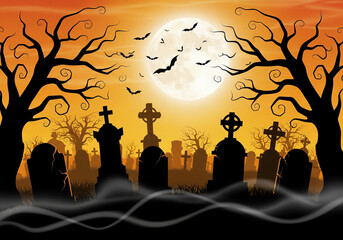 Creepy Halloween graveyard at night with full moon, flying bats, old tombstones, and bare twisted trees against an orange sky. Eerie and spooky atmosphere with silhouettes and mist.