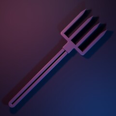 Purple Garden pitchfork icon isolated on purple-blue background. Garden fork sign. Tool for horticulture, agriculture, farming. Minimalism concept. 3D render illustration