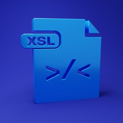 Blue XSL file document. Download xsl button icon isolated on blue background. Excel file symbol. Minimalism concept. 3D render illustration