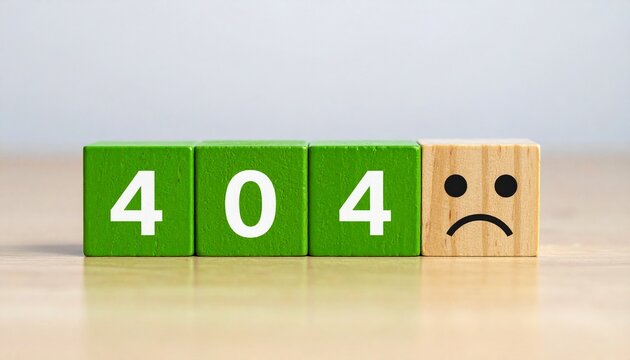 Error message: a 404 error with a sad face to display failure. The four blocks display the words 404, which is an error code used by the web.  