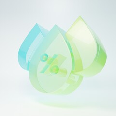Frosted glass Water drop percentage icon isolated on white background. Humidity analysis. Minimalism concept. 3D render illustration