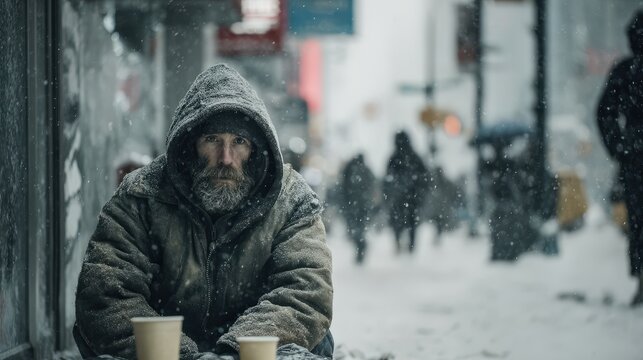 Homeless man with a beard sitting outside in snowfall with a grim look