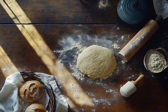 A kitchen table with rolling pins, flour, and freshly kneaded bread dough ready for baking 
