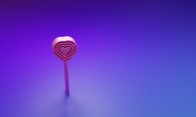 Pink Lollipop icon isolated on purple-blue background. Candy sign. Food, delicious symbol. Valentines day. Love symbol. Minimalism concept. 3D render illustration