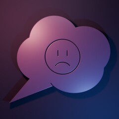 Purple Speech bubble with sad smile icon isolated on purple-blue background. Emoticon face. Minimalism concept. 3D render illustration