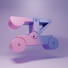 Purple Old medieval wooden catapult shooting stones icon isolated on purple background. Minimalism concept. 3D render illustration