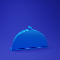 Blue Covered with a tray of food icon isolated on blue background. Tray and lid. Restaurant cloche with lid. Kitchenware symbol. Minimalism concept. 3D render illustration