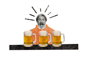 Composite photo collage of excited old man look beer glasses beverage alcohol addiction party...