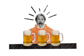 Composite photo collage of excited old man look beer glasses beverage alcohol addiction party desire isolated on painted background
