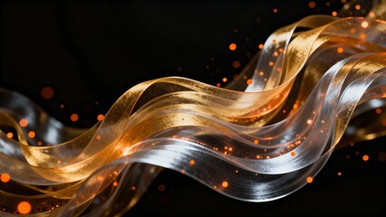 Abstract flowing golden ribbon with glowing particles on dark background
