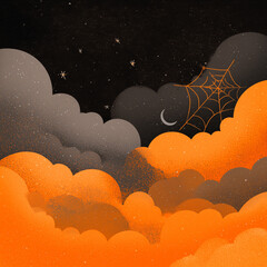 a Halloween-themed dark and light orange clouds spreading space on the ground with a spider icon and web