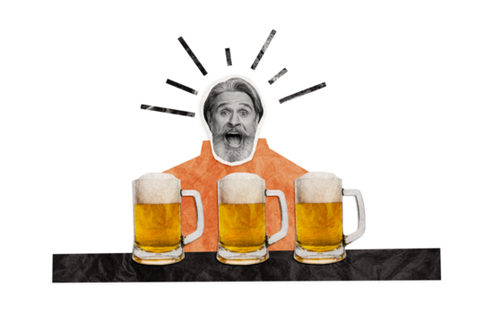 Composite photo collage of excited old man look beer glasses beverage alcohol addiction party desire isolated on painted background - Powered by Adobe