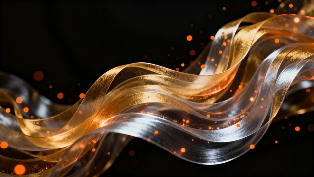 Abstract flowing golden ribbon with glowing particles on dark background