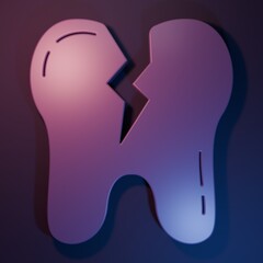 Purple Broken tooth icon isolated on purple-blue background. Dental problem icon. Dental care symbol. Minimalism concept. 3D render illustration