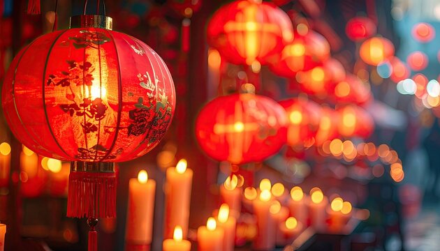 Vibrant red chinese lanterns illuminated by soft candlelight create a festive atmosphere during a nighttime celebration with bokeh lights in the background