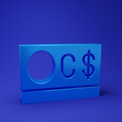 Blue Canadian dollar currency symbol icon isolated on blue background. Minimalism concept. 3D render illustration