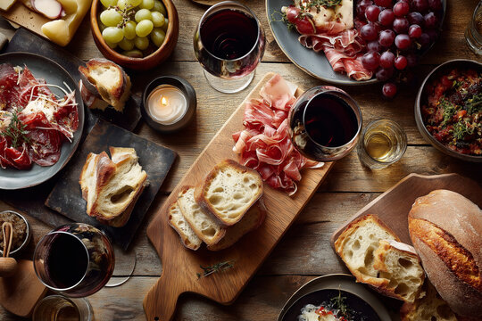 Top view dining with red wine glasses and grape, cheese and cracker platter