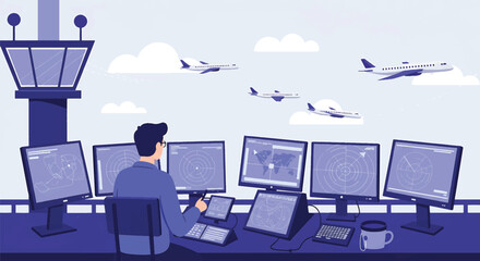Air traffic controller working at a desk with multiple screens and computers overlooking an airport runway with planes flying by