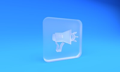 Frosted glass Megaphone icon isolated on blue background. Speaker sign. Square frosted glass button. 3D render illustration