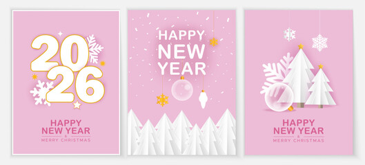 New Year cards with fir trees, toys and snowflakes on a pink background. Set of 3 greeting cards.