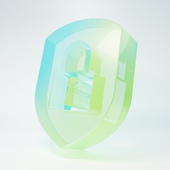 Frosted glass Shield security with lock icon isolated on white background. Protection, safety, password security. Firewall access privacy sign. Minimalism concept. 3D render illustration
