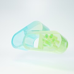 Frosted glass Dog and pills icon isolated on white background. Prescription medicine for animal. Minimalism concept. 3D render illustration