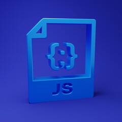 Blue JS file document. Download js button icon isolated on blue background. JS file symbol. Minimalism concept. 3D render illustration