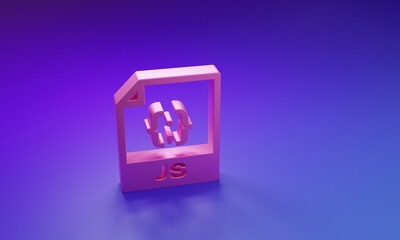Pink JS file document. Download js button icon isolated on purple-blue background. JS file symbol. Minimalism concept. 3D render illustration