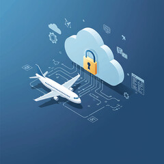 Isometric illustration of a white airplane flying towards a cloud with a padlock surrounded by circuit board and aviation icons on a blue background.