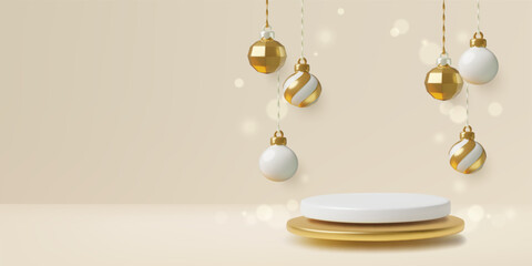 Christmas podium background with hanging gold ornaments and holiday bokeh lights. Vector illustration