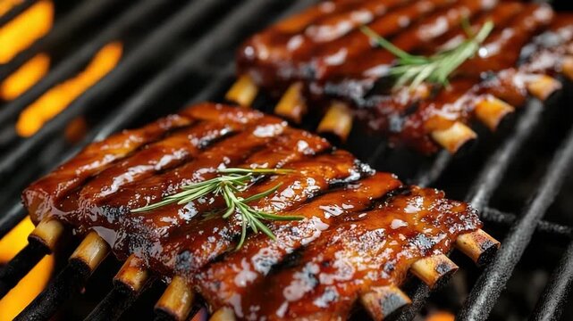 Pork ribs grilling on a barbecue with a glossy caramelized sauce, perfect for a summer cookout, showing the delicious detail of meat sizzling over open flames