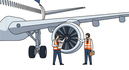 Two mechanics in orange vests inspecting an airplane engine on a white background.