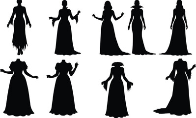 Gothic dress silhouettes, fantasy fashion, dramatic gowns, costume design, black shapes, eerie vibe, character styling, vintage elegance, spooky theme