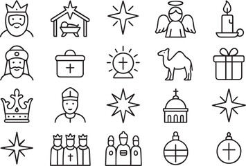 Minimal Epiphany line art icons set featuring Three Kings, nativity, star, angel, candle, and gifts