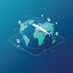 Illustration of a white airplane flying over a teal world map with travel icons on a blue gradient background.