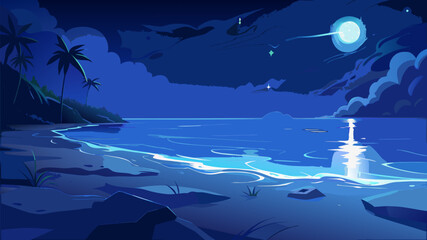 Serene Night Beach Horizon with Ocean Waves and Starry Sky