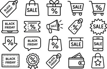 Black friday sale icons isolated on white background, featuring shopping bags, price tags, and promotional elements for retail discounts and promotions