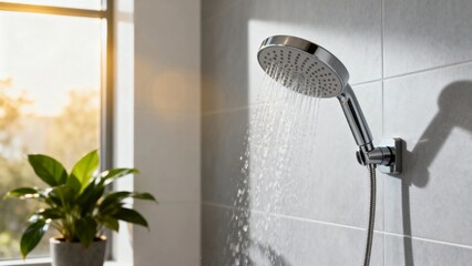 Modern shower head with running water in a bright bathroom featuring tiled walls and a potted plant near a window