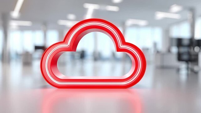 Cloud system failure concept featuring red neon cloud shape glowing in modern office environment with reflective white surface symbolizing technology risks and digital data management