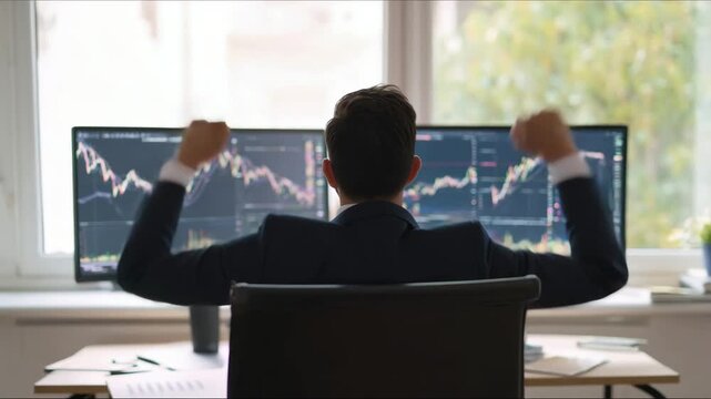 Back view of Successful Business Trader Celebrating Stock Market Growth Financial Success Investment Win. Broker earned high profit cryptocurrency investment.