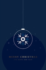 A premium classic Merry christmas Banner on Blue background with Premium christmas element ball of Snowflakes hanging down, with text - MERRY CHRISTMAS