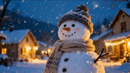 A snowman with a scarf and beanie stands cheerfully in a snow-covered village as snow falls gently at dusk with warm lights glowing from cozy houses in the background - Powered by Adobe