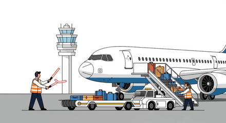 Illustration of ground crew members loading luggage into a passenger airplane at an airport gate with a control tower in the background.