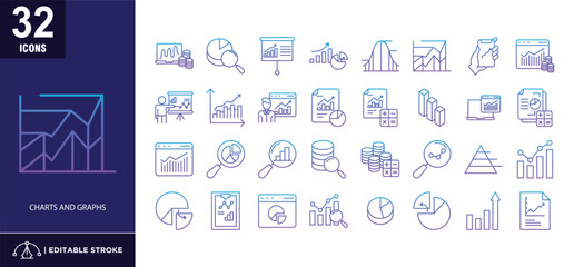 Charts and graphs line gradient icon set