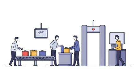 Flat illustration of airport security personnel inspecting luggage on a conveyor belt with a metal detector.