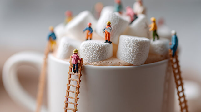 Workers climb ladders to arrange marshmallows on a steaming mug, creating a whimsical tiny-world scene of teamwork and cozy comfort.