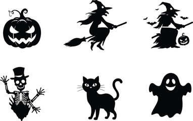 Obraz premium Halloween silhouettes, flying witch, spooky skeleton, ghost figure, black cat, jack-o'-lantern face, festive icons, eerie vibe, horror theme, cartoon style