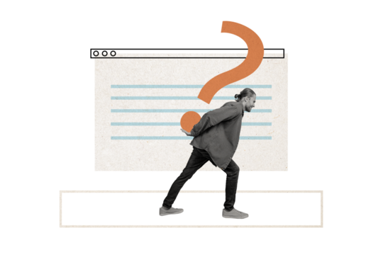 Composite photo collage of unhappy businessman carry big question sign dilemma webpage social media isolated on painted background