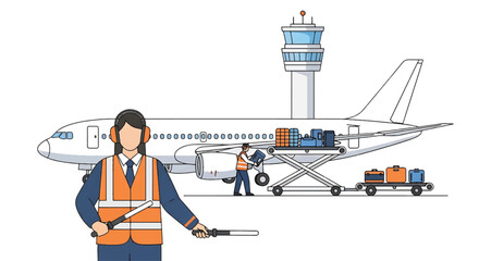 Illustration of an airport ground crew member wearing an orange safety vest and headset standing in front of a white airplane with a control tower in