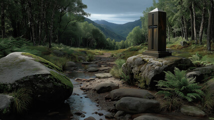 Imposing Stone Monolith with Cross Symbol in Rocky Stream Valley Forest Landscape